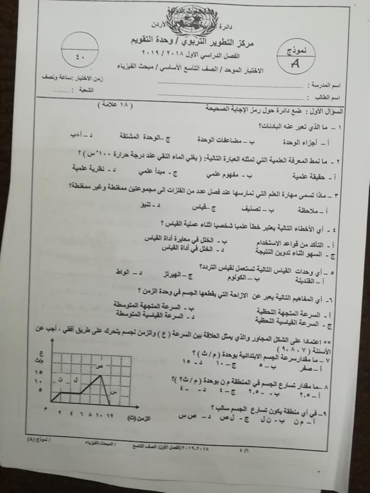 بالصور نموذج A وكالة امتحان الفيزياء النهائي للصف التاسع الفصل الاول 2018